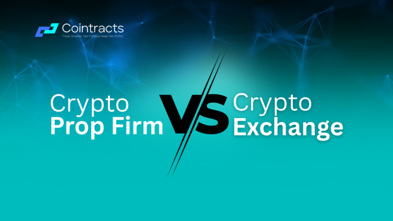 Crypto Prop Firm and a Crypto Exchange, showing differences in capital, risk, profit model, and access, with clear icons and labels.